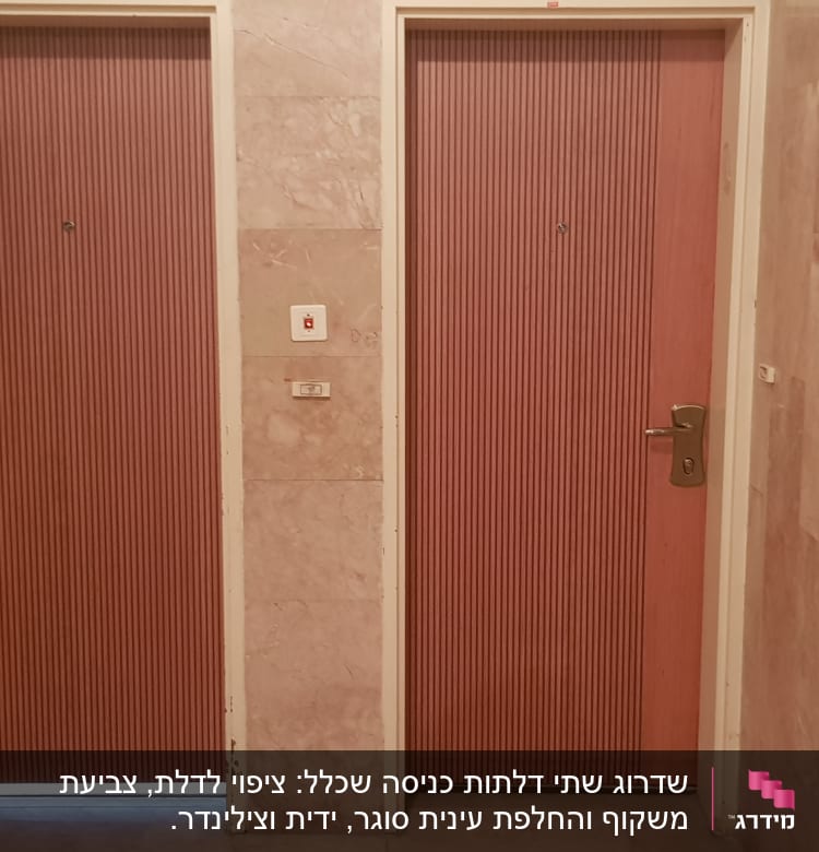 שתי דלתות עץ עם ידיות מתכת במסדרון